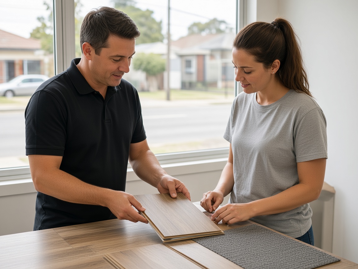Designed stand-in of a Coolaroo flooring consultation with sample planks on a table. Not a photographed 8K meeting.