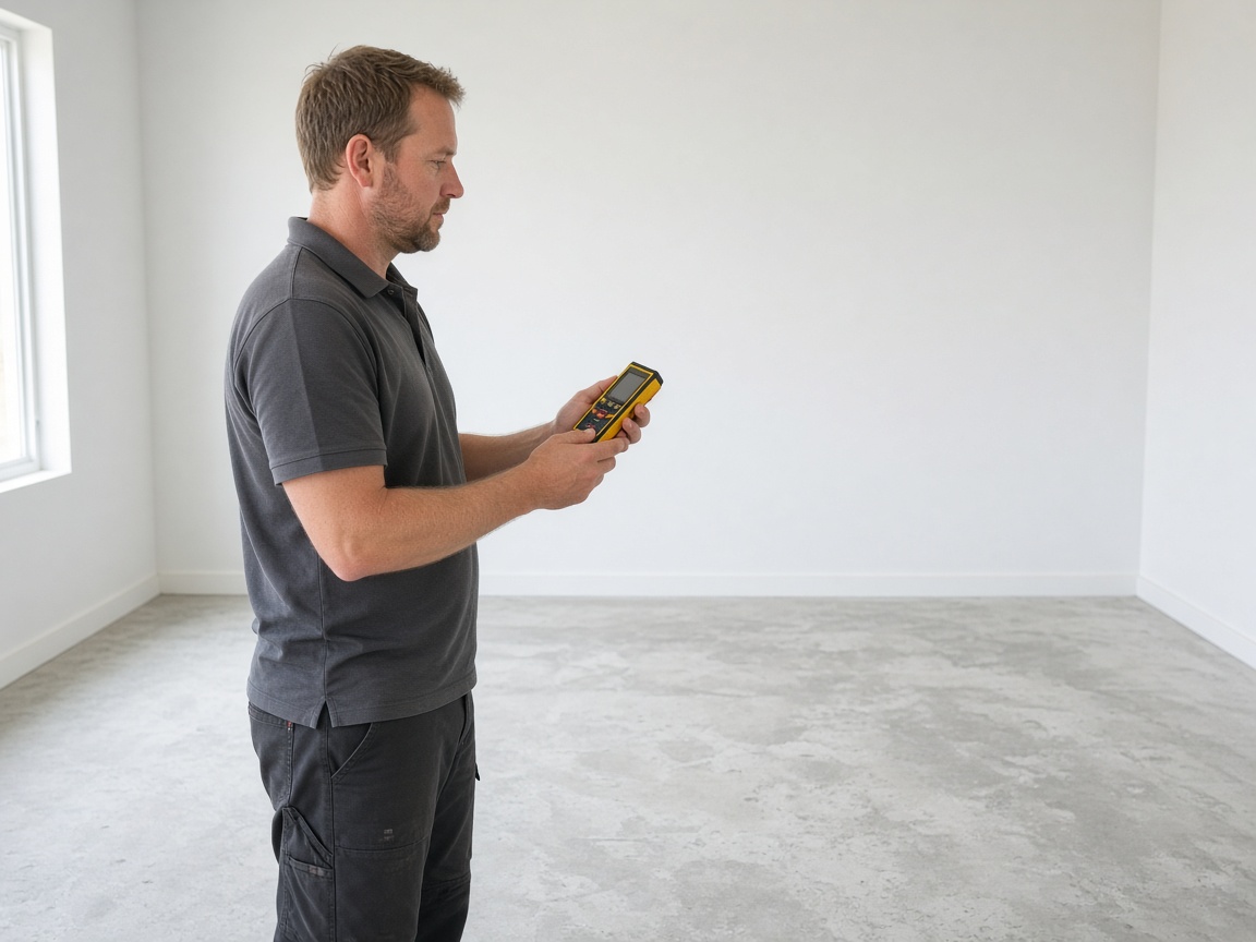 Designed stand-in of an estimator measuring a bare slab with a laser distance meter. Not a photographed 8K site visit.