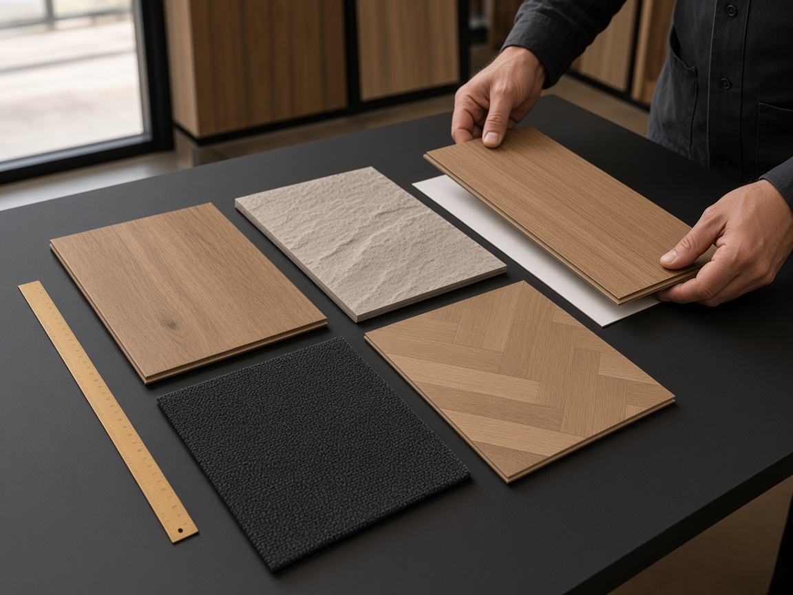 Designed stand-in of vinyl plank, tile, sheet and carpet tile samples on a charcoal bench. Not a photographed 8K showroom.