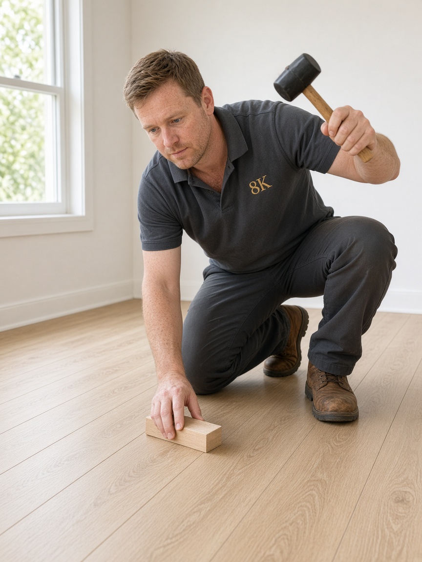 8K installer tapping a light oak plank into place with a mallet and tapping block.