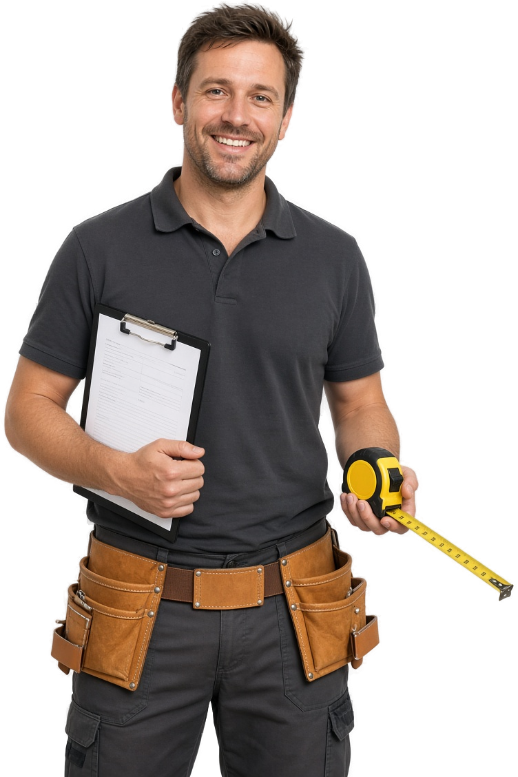 Flooring installer with a clipboard and tape measure for the free on-site measure and quote. Designed stand-in — not a named team portrait.